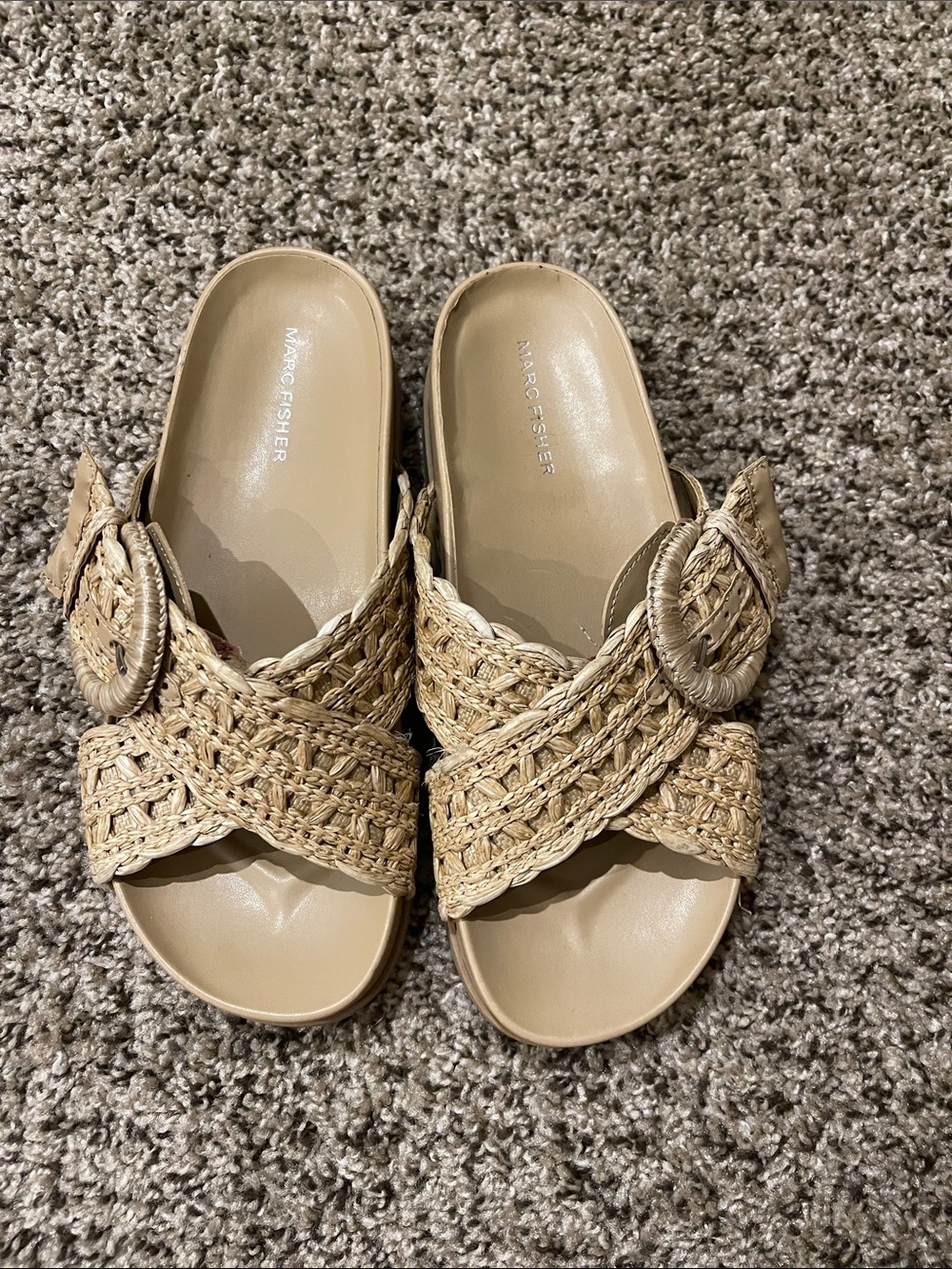 Marc Fisher Beige Braided Raffia Slide Mules with Buckle